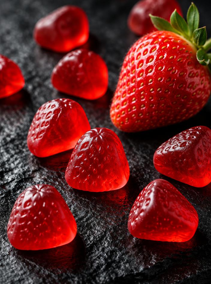 Illustrative strawberry and red gummies still life