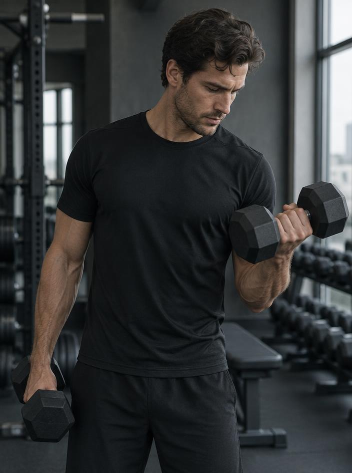 Man exercising with a dumbbell in a gym